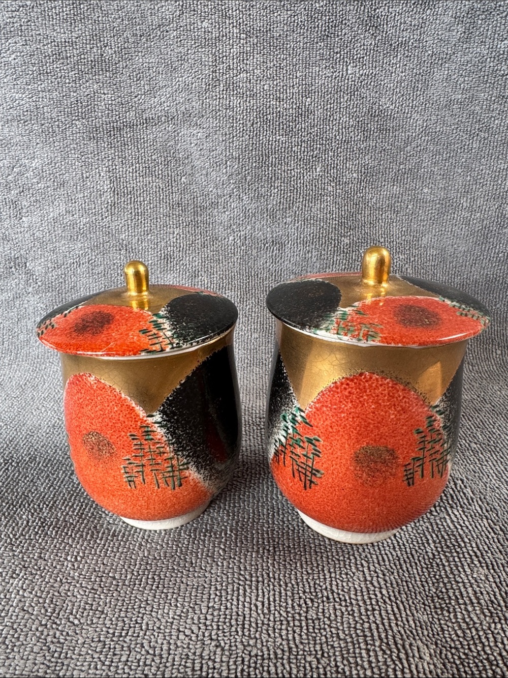 Rare Vintage Kutani Ryuho Japanese Lidded Tea Cups Pair Hand Painted Set